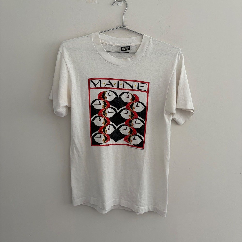 Vintage 90s Screen Stars Maine Puffin Graphic T Shirt White Medium
